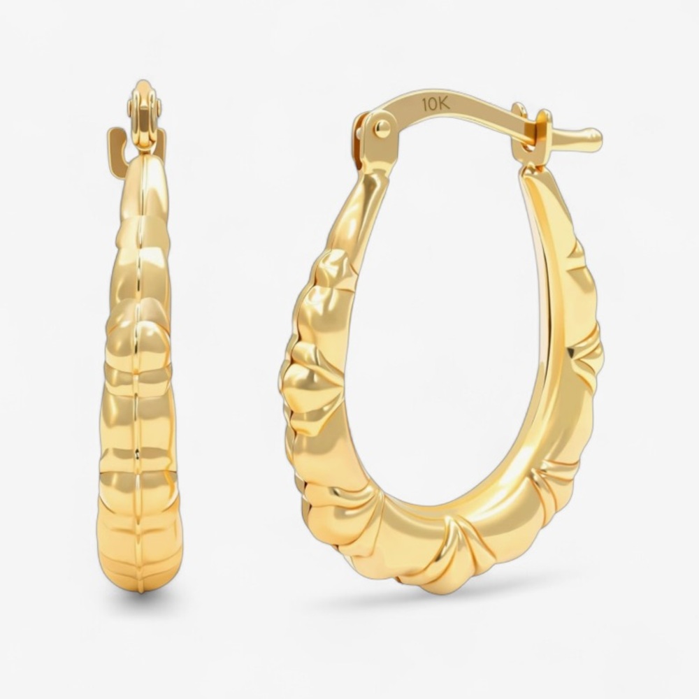 Solid 10K Gold Scalloped Design Hoop Earrings